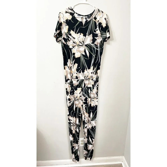 Asos Womens Black Tan Jumpsuit Size 8 Maternity Floral Short Sleeve Keyhole - Picture 2 of 8